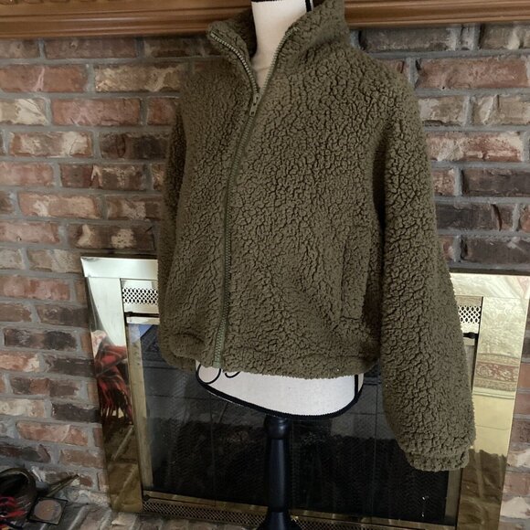 urban outfitters green Sherpa Jacket Size Small Oversized Cropped - Picture 2 of 6